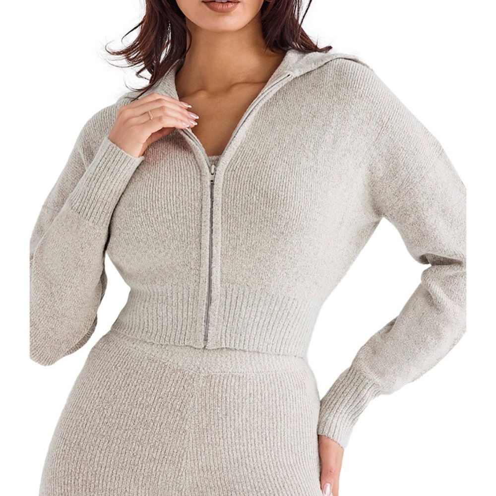 House of CB Light Beige Zip-Up Knit Cardigan